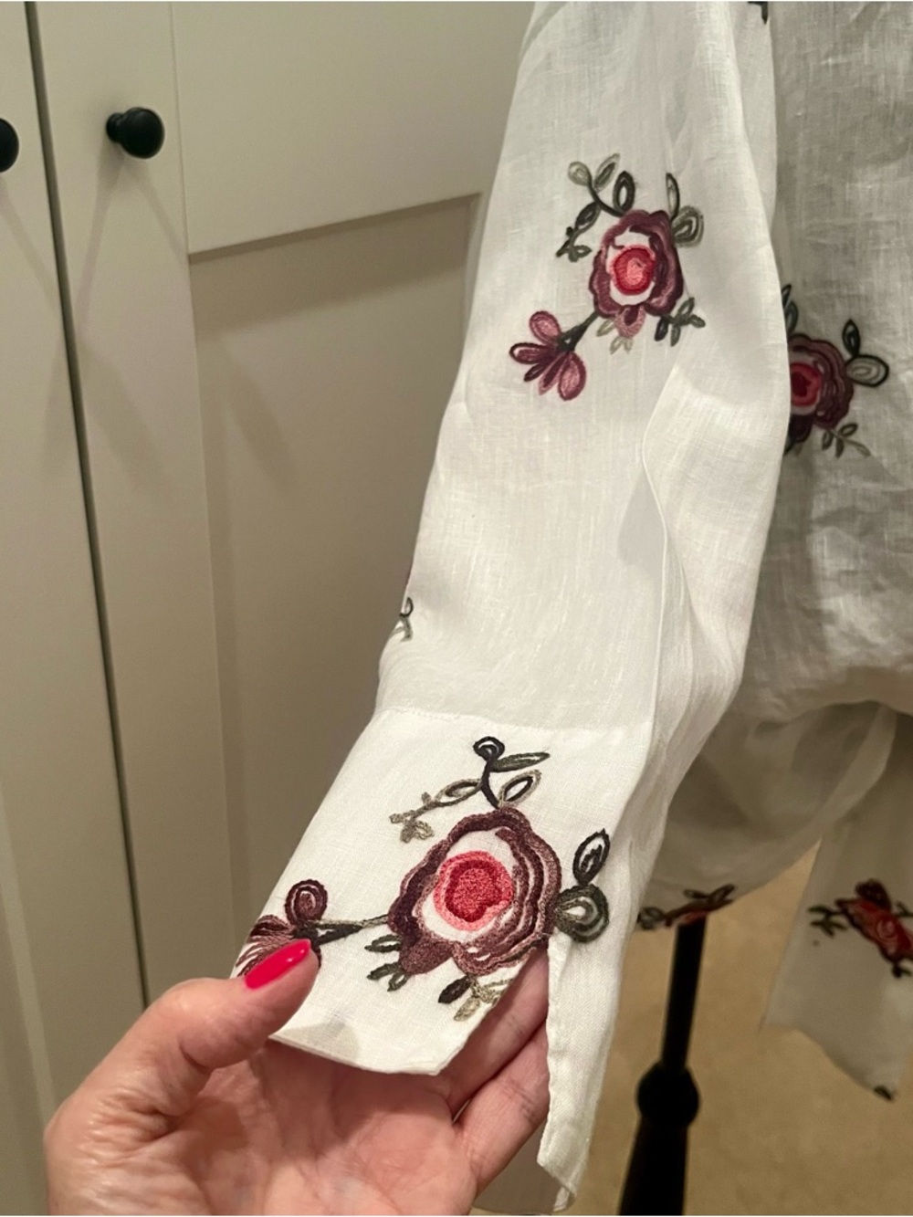 Mishca White Open Front Tie Linen Shirt with Pink Rose Embroidery - Picture 3 of 6